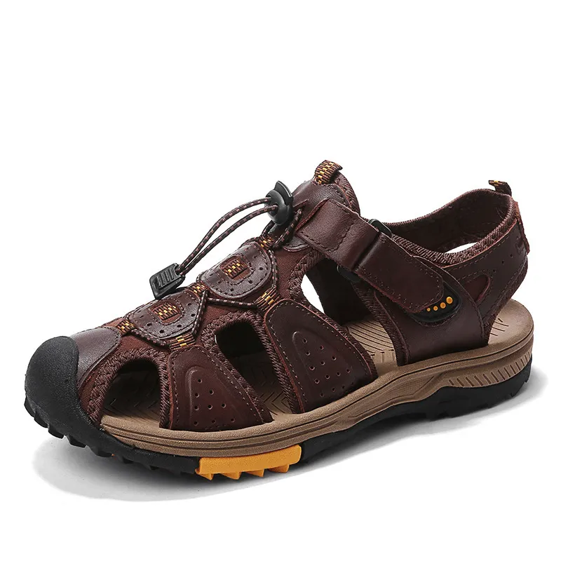 kkboxly kkboxly Men Cowhide Leather Non Slip Closed Toe Beach Casual Outdoor Sandals