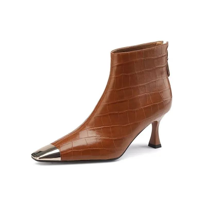 Leather Luxe Croc-Pattern Ankle Boots