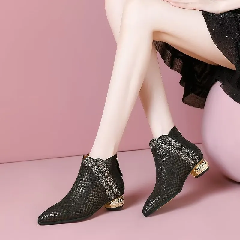 LeatherLux Exotic Texture Pointed Ankle Boots