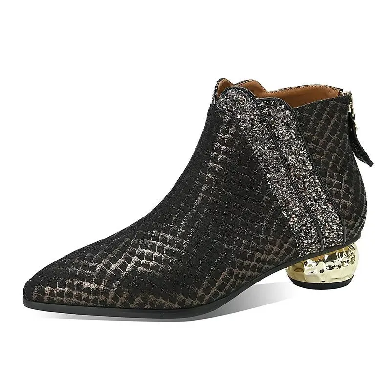 LeatherLux Exotic Texture Pointed Ankle Boots