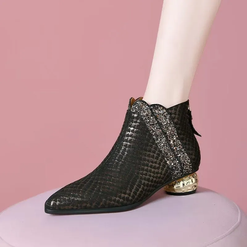 LeatherLux Exotic Texture Pointed Ankle Boots