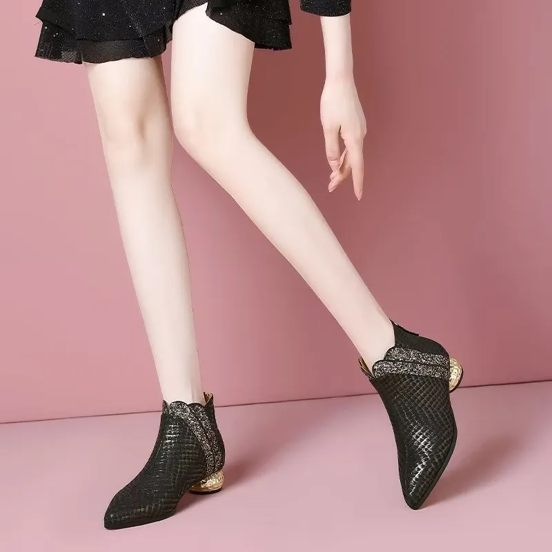 LeatherLux Exotic Texture Pointed Ankle Boots