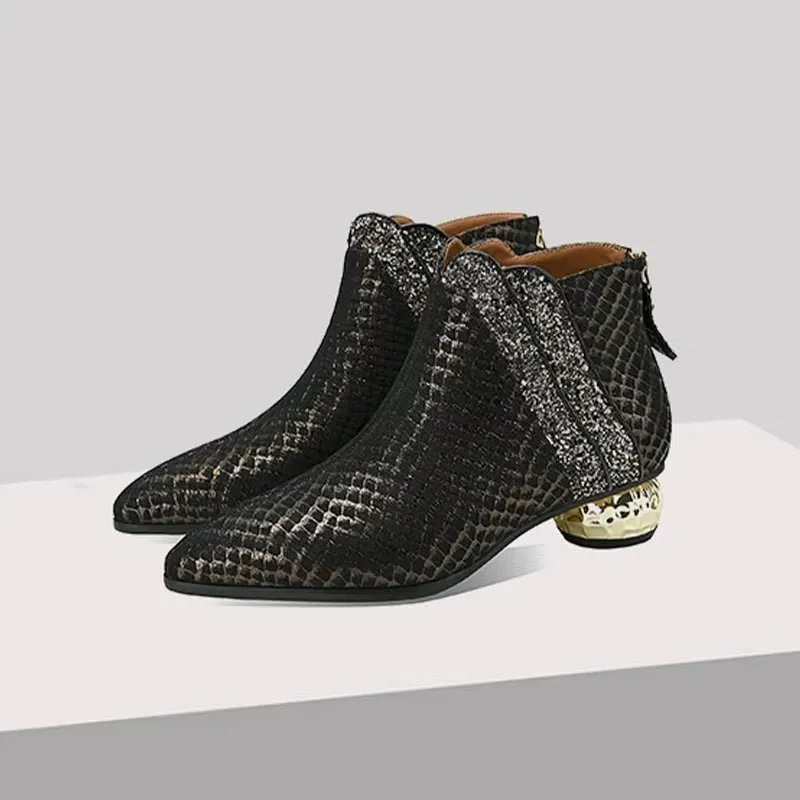 LeatherLux Exotic Texture Pointed Ankle Boots