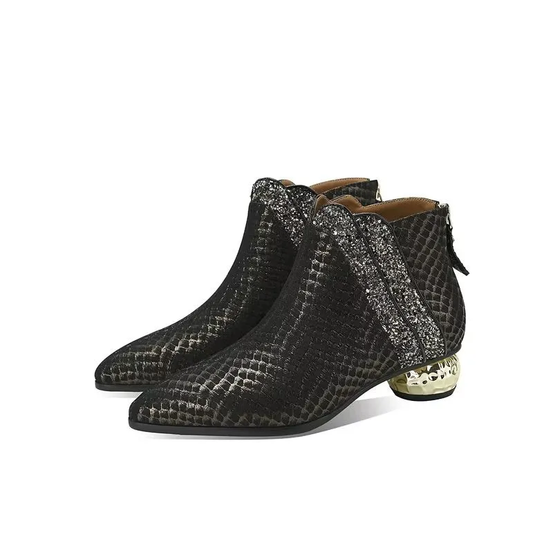 LeatherLux Exotic Texture Pointed Ankle Boots