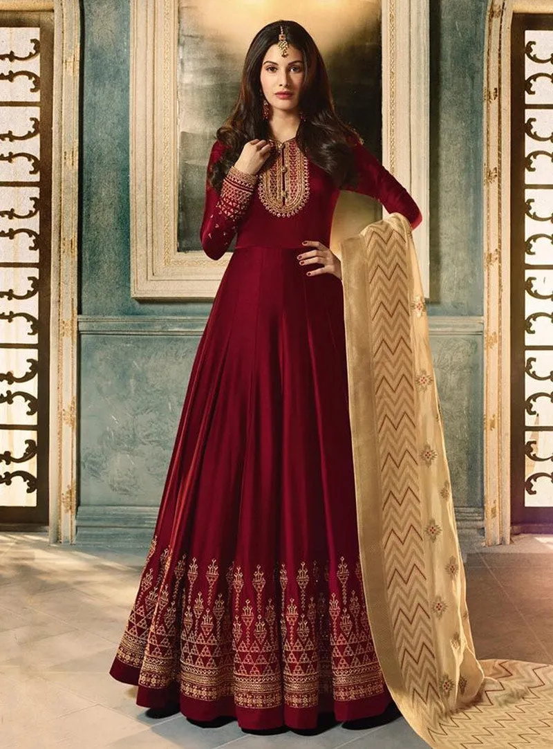 Maroon And Cream Motif Embroidered Ghera Anarkali Suit