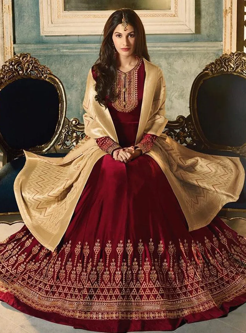 Maroon And Cream Motif Embroidered Ghera Anarkali Suit