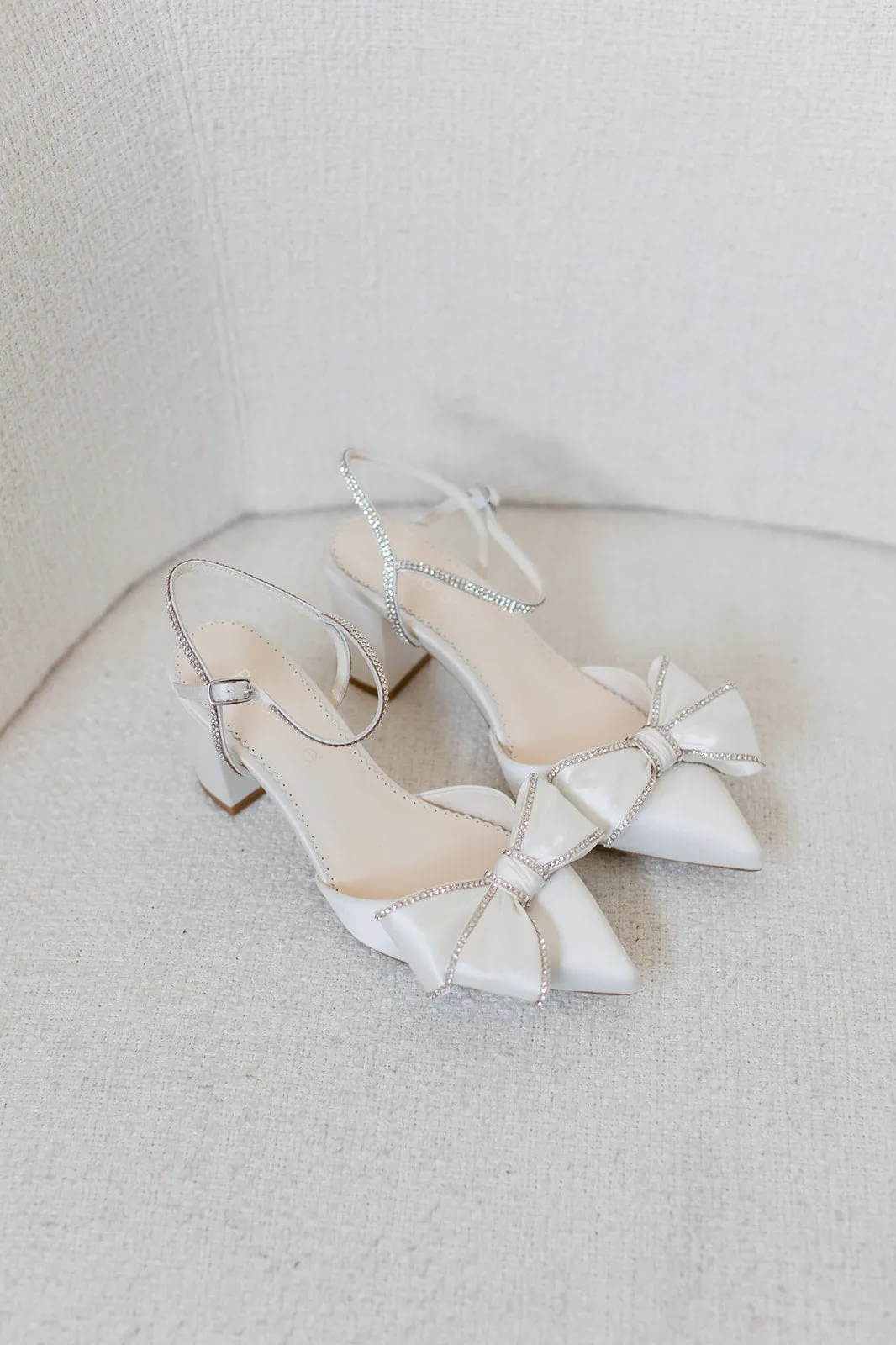 Palmer - Ivory Crystal Edged Wedding Shoes with Bow and Block Heel