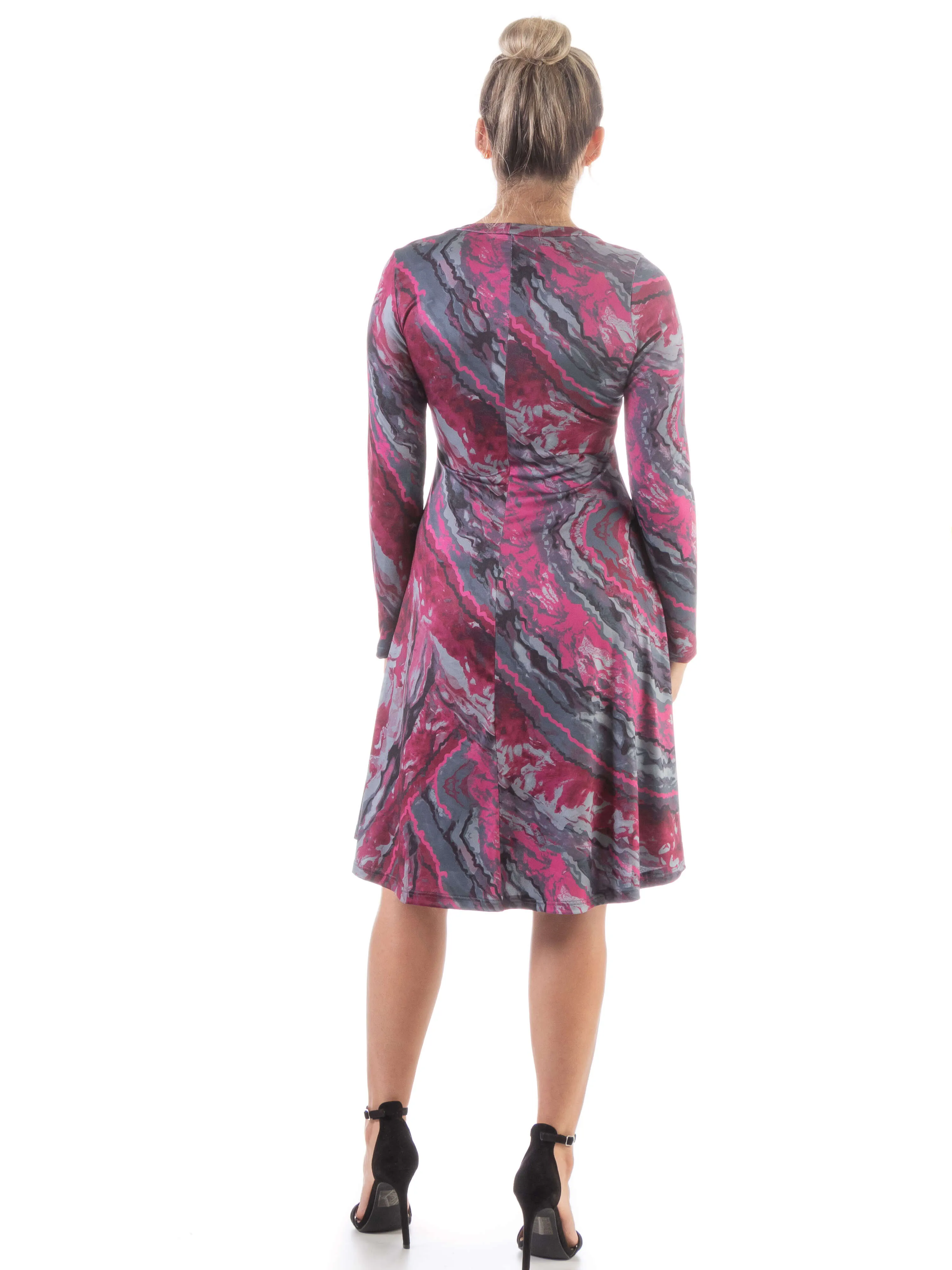 Pink Abstract Long Sleeve Knee Length T Shirt Dress