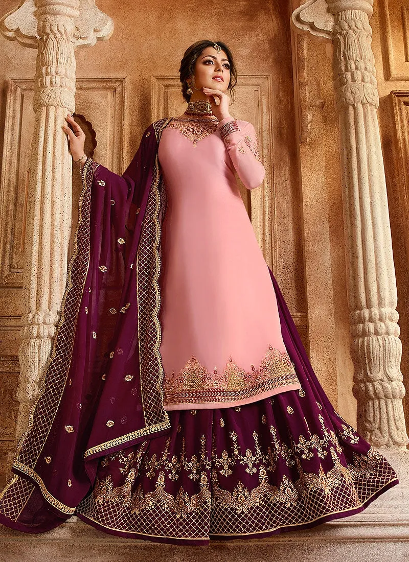 Pink And Plum Dual Bottom Lehenga/Pant Kurti Set