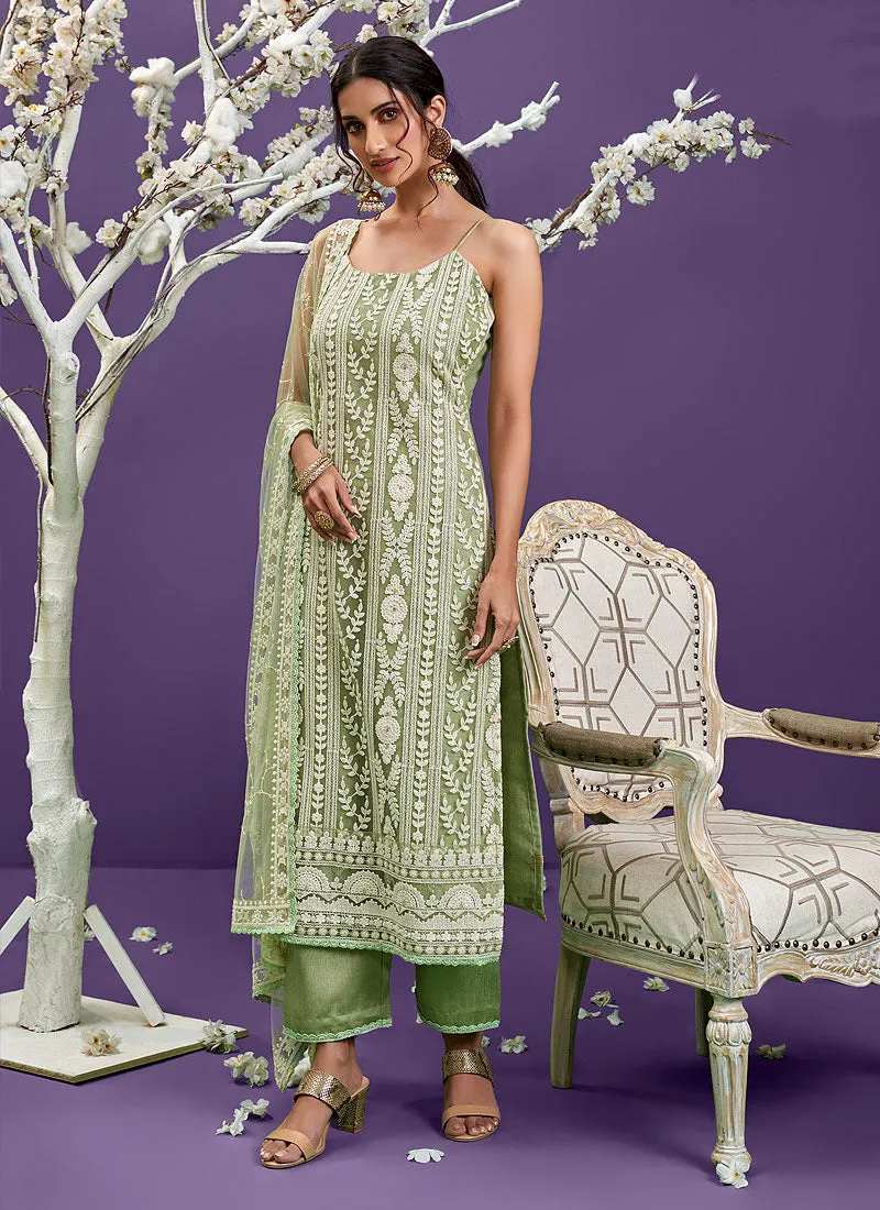 Pista Green Lucknowi Embroidery Designer Pant Style Suit