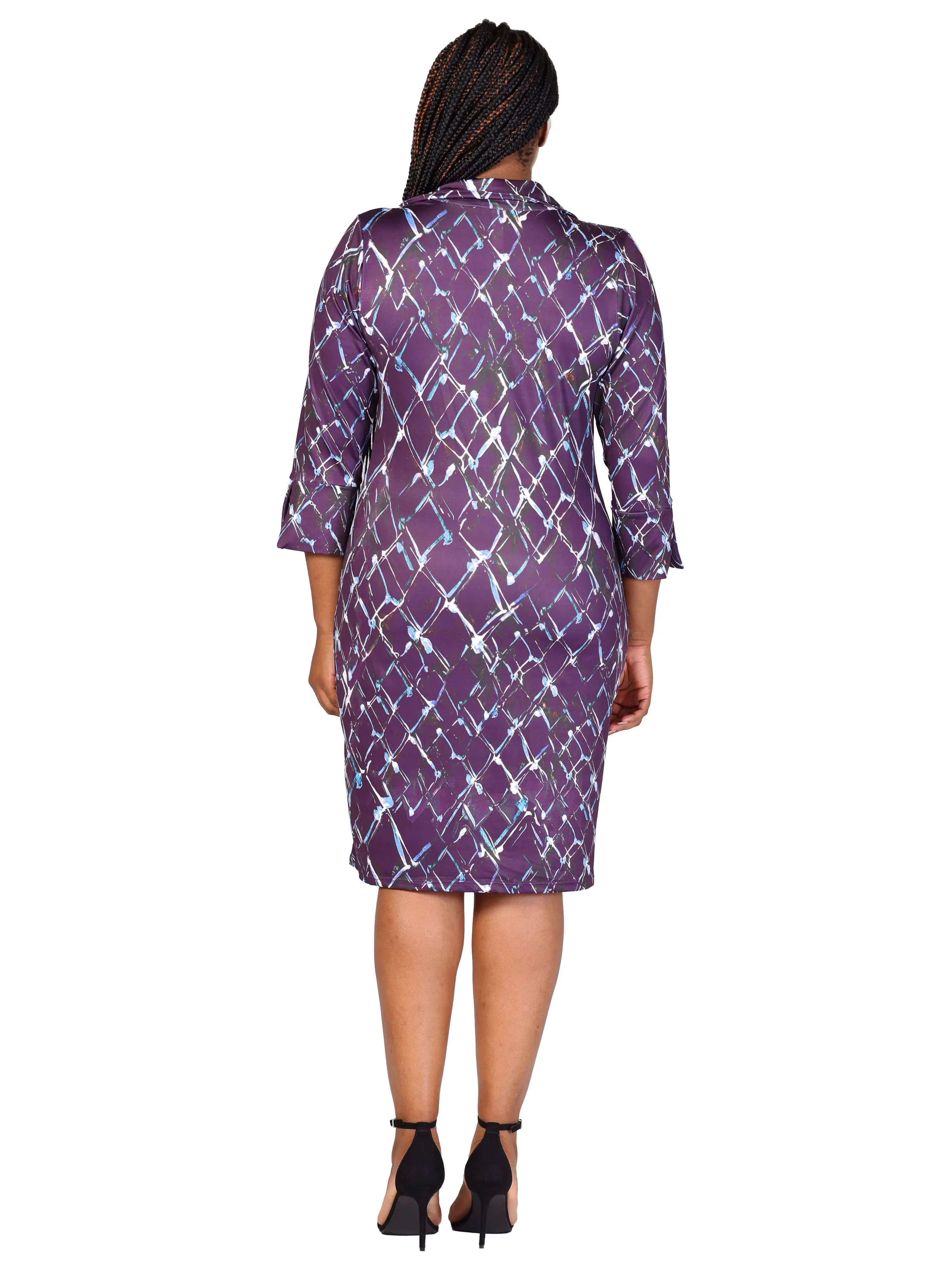 Plus Size Purple Geometric Print Three Quarter Sleeve Collar Mini Dress