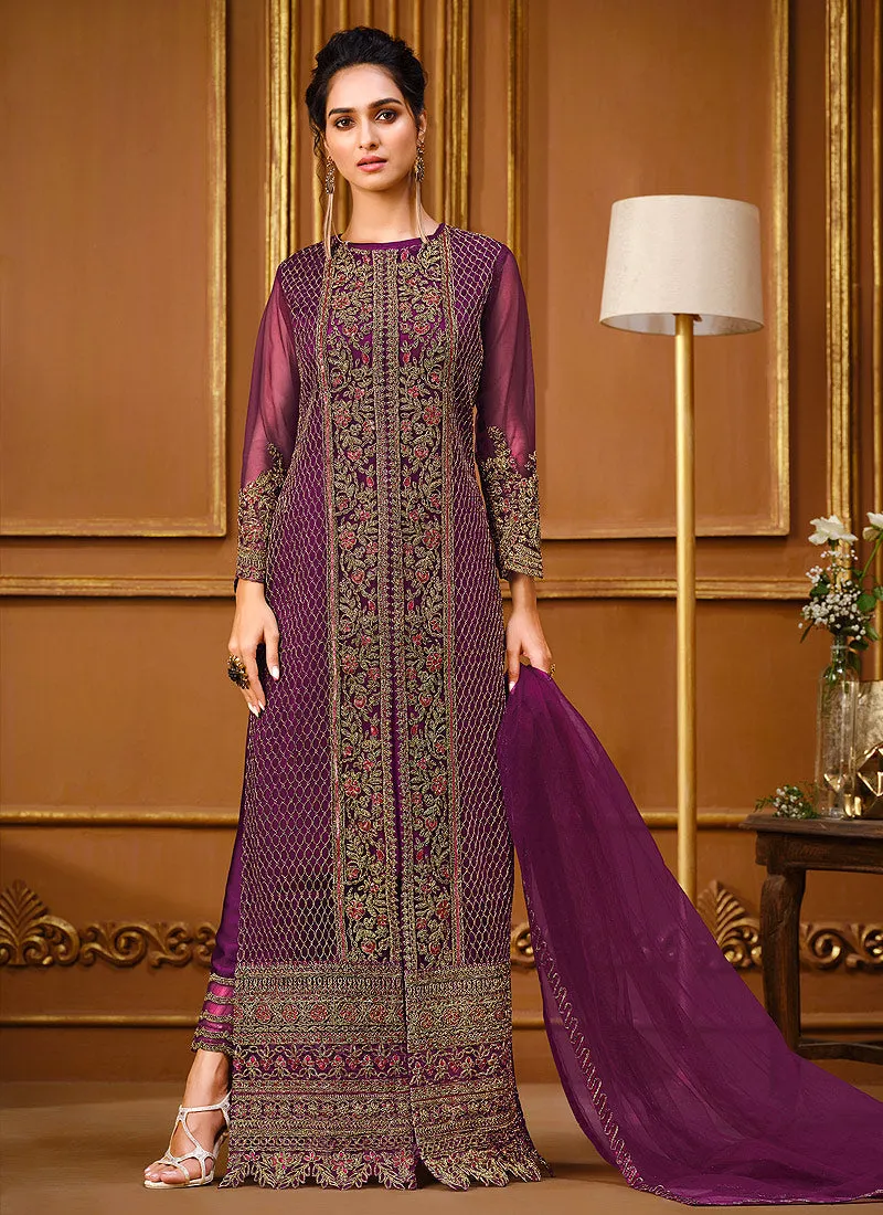 Purple Zari Embroidered Slit Style Anarkali Pant Suit