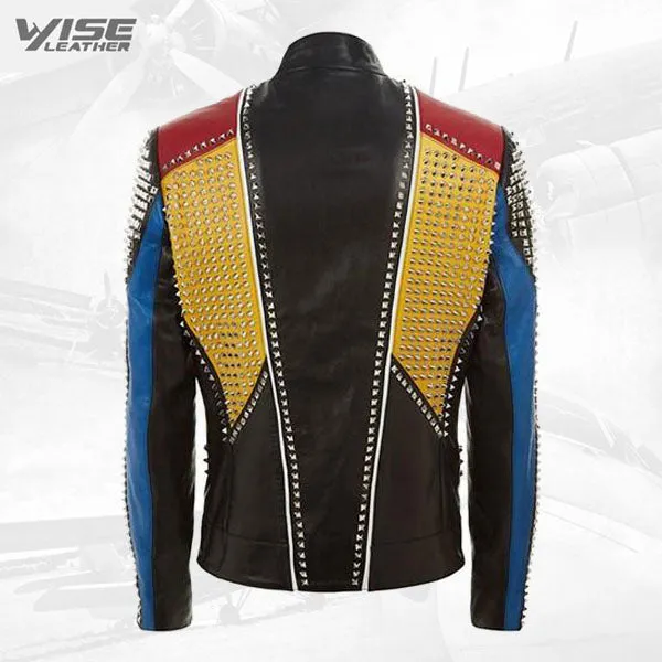 Studded Punk Men Leather Jacket In Multi Color