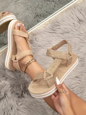 Women's Summer Fashion Khaki-colored Straw-weaving Style Flat Sandals/casual Beach Slippers Imitation Outsole