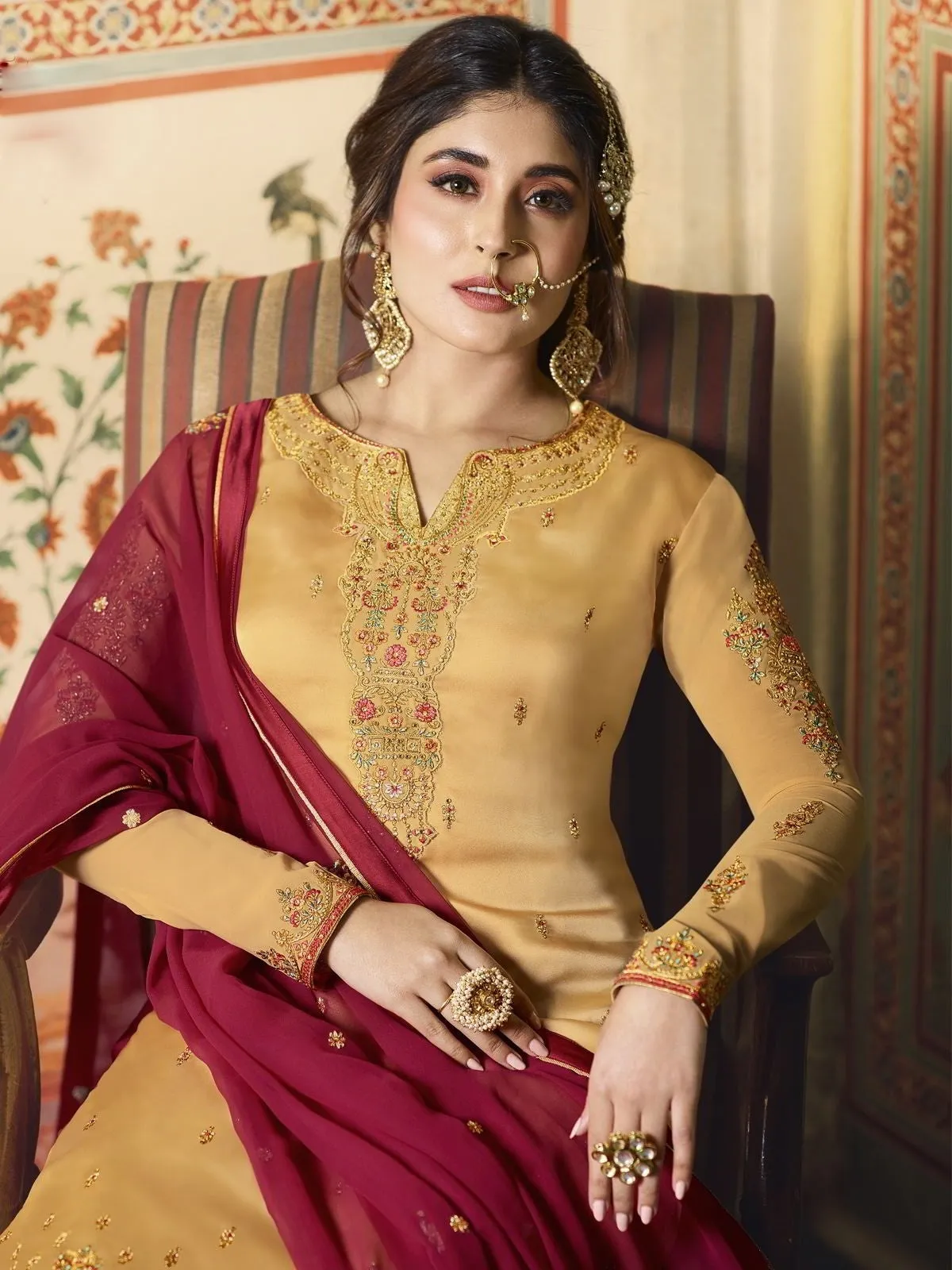 Yellow And Red Ethnic Embroidered Sharara Suit