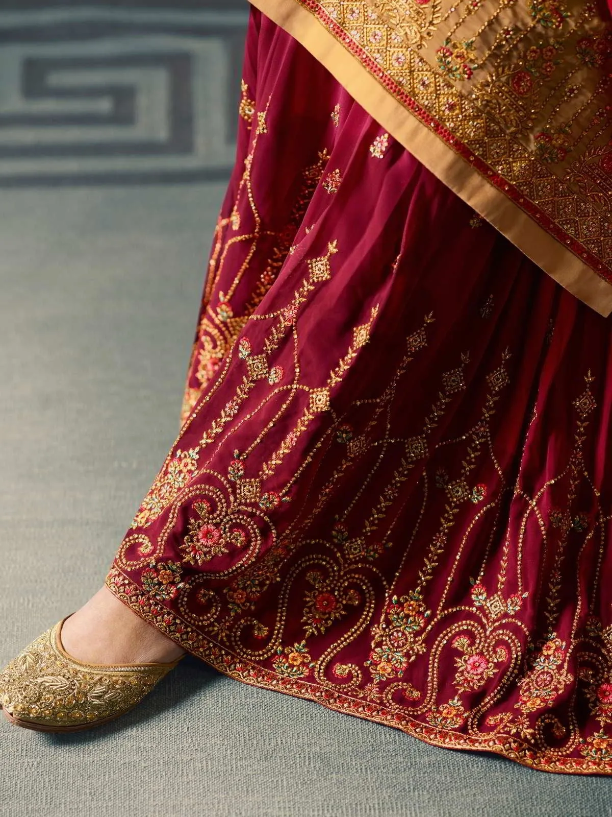 Yellow And Red Ethnic Embroidered Sharara Suit